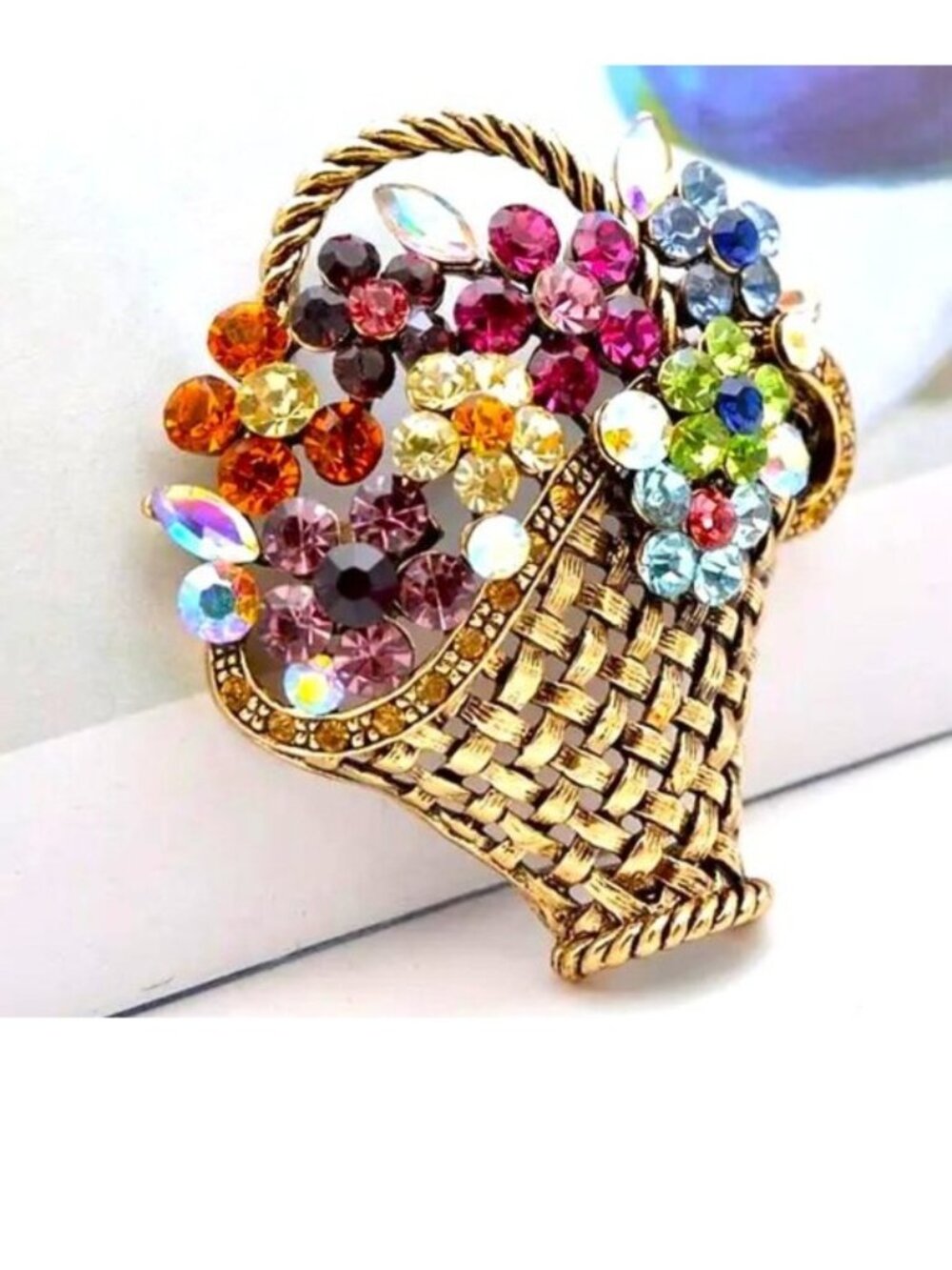Flower Brooch Bouquet Basket Rhinestone Pin Gems Crystal Colorful Stylish Glam